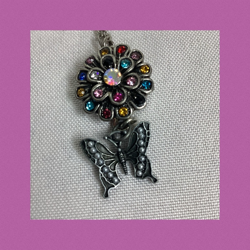 Multicolor Pendant Necklace with Butterfly Charm - Picture 2 of 5